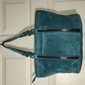 Coach 8B31 Torqoise Blue Suede Tote Gunmetal Beaded Zipper Shoulder Bag